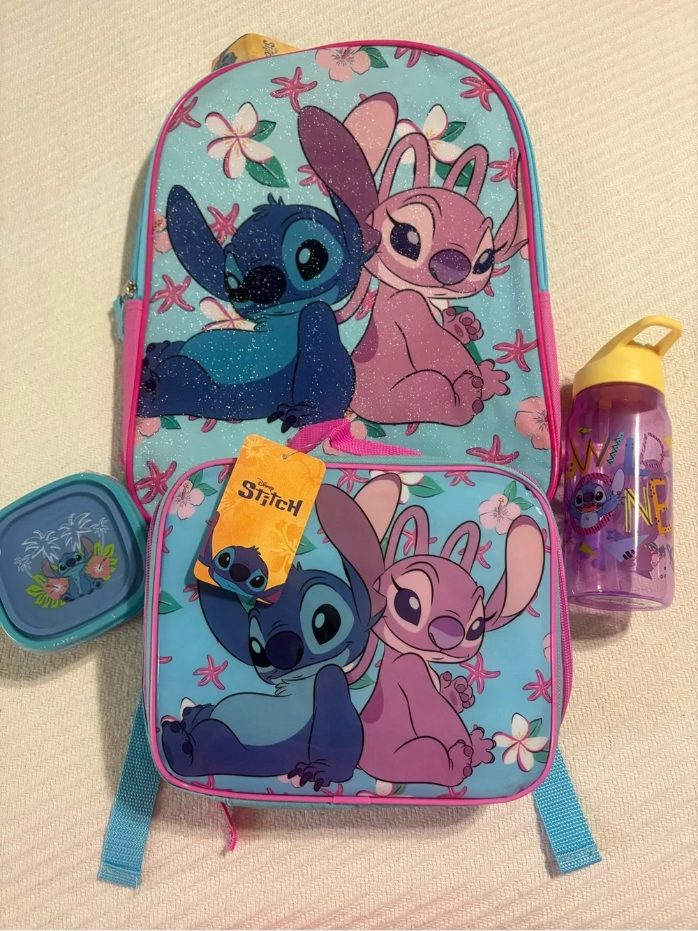 Disney Stitch & Angel Backpack, Water Bottle, Lunchbox & Containers Bundle